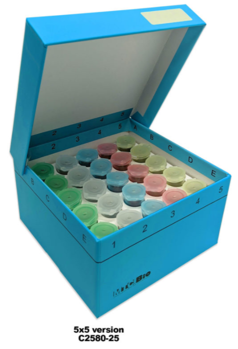 Cardboard freezer box, hinged lid, insert for 25 snap-cap 5ml tubes, 5.25 x 5.25 x 3 inches, 5/PK, (C2580-25) (MTCC2580-25)