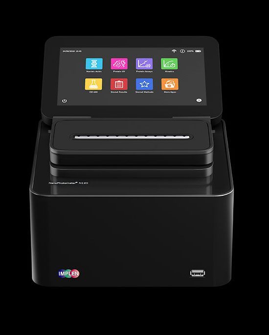 Implen Nanophotometer, N120-Mobile UV/VIS (200nm-900nm) Scanning Spectrophotometer for 12 Sample Multichannel NanoVolume applications with Rechargeable Battery Pack, Touch-screen Control Implen Nanophotometer, N120-Mobile UV/VIS (200nm-900nm) Scanning Spectrophotometer for 12 Sample Multichannel NanoVolume applications with Rechargeable Battery Pack, Touch-screen Control