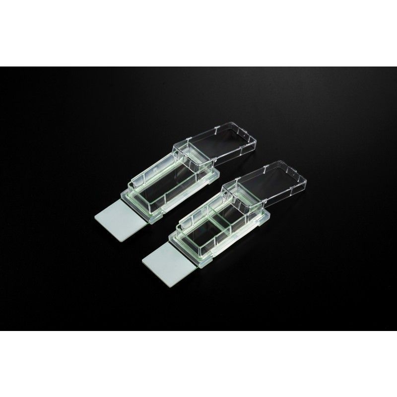 Cell Culture Chamber Slides, 2 well w/glass slide, White, 4.55 cm2, 1.2-2.5ml, 12/cs