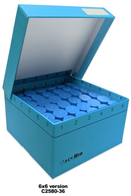 Cardboard freezer box, hinged lid, insert for 36 snap-cap 5ml tubes, 5.25 x 5.25 x 3 inches, 5/PK (C2580-36) (MTCC2580-36)
