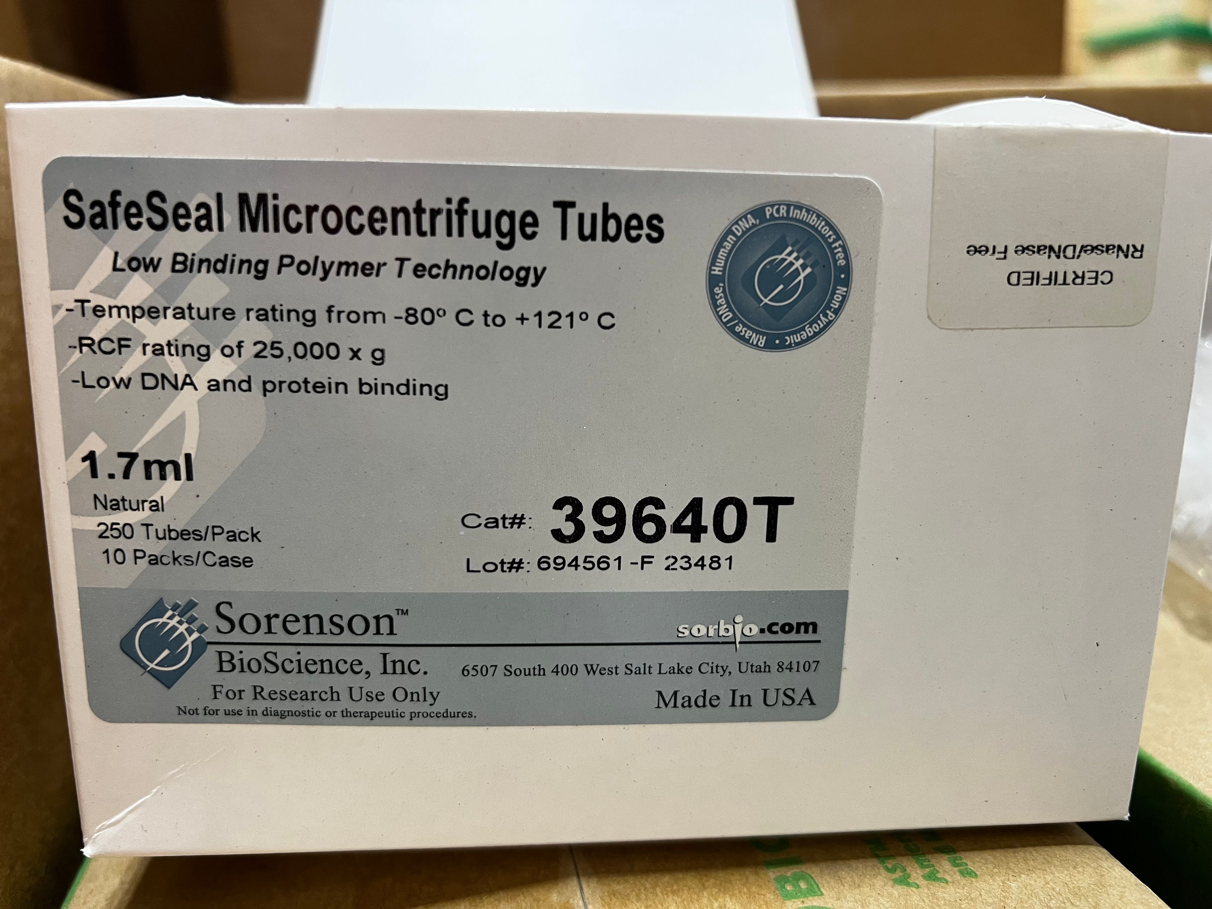1.7 ml Low Binding MicroCentrifuge Tube, Non-Sterile, Bulk, 250/Pack, 2500/Case, 39640T