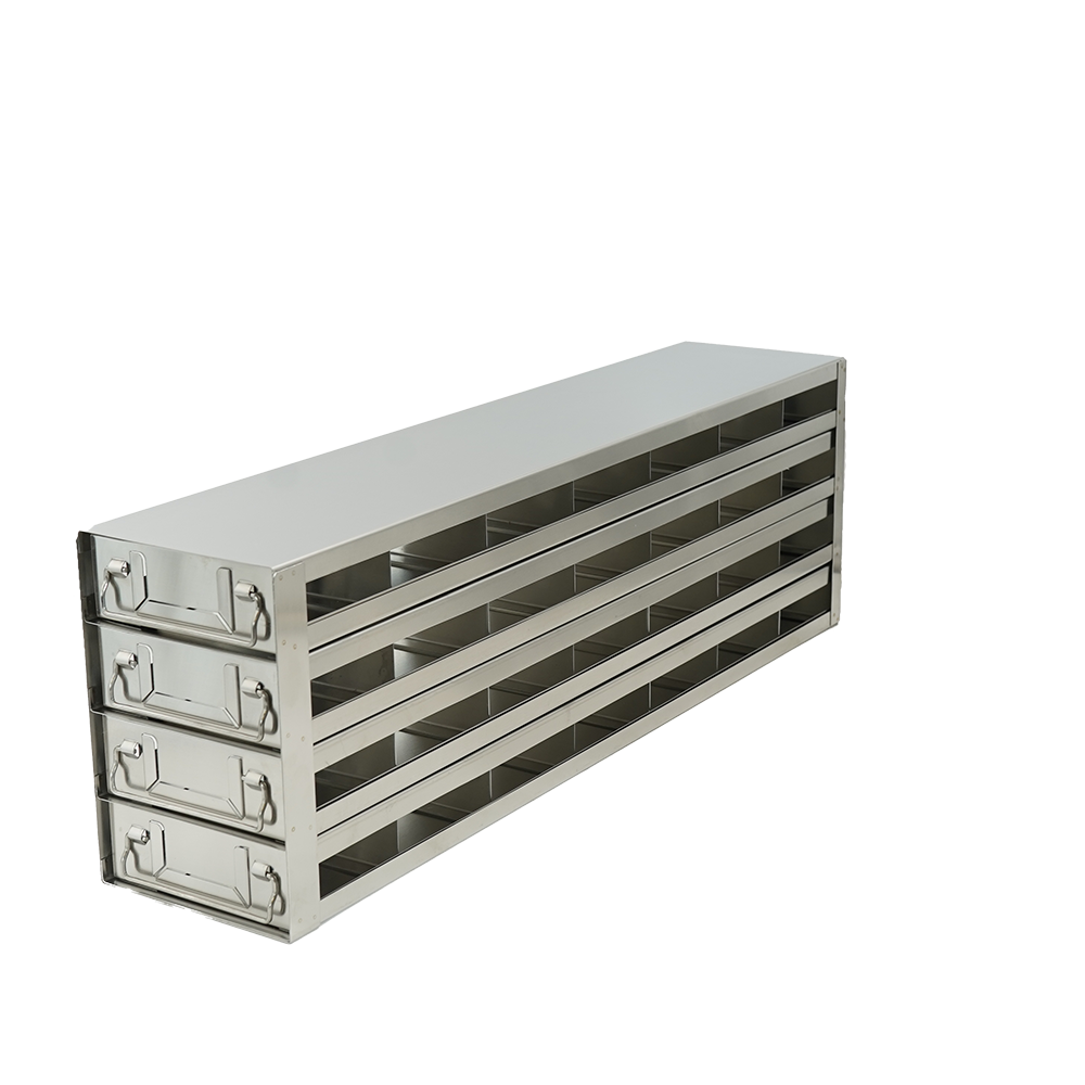 Drawer Style Stainless Steel Freezer Rack for Deep Well 96-Well Plates, 7D x 4H, Dimensions: 25 3/16 x 5 7/16 x 8 1/16” (DxWxH), Each , FR74DWP