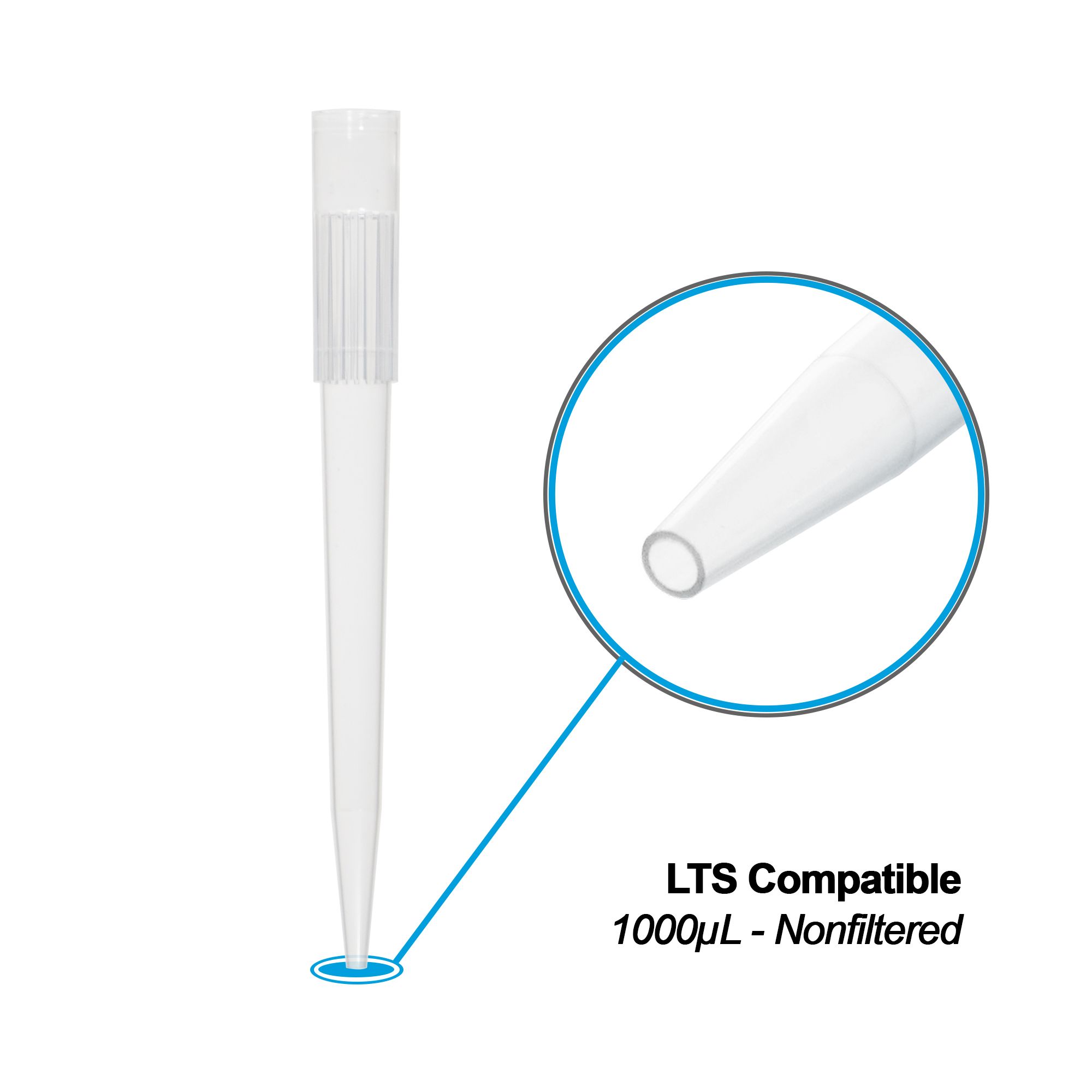 Wide Bore Pipette Tips, for LTS® SofTouch ULF™ and other low-force style pipettors, 1000uL, low-retention, sterile , non-filtered, wide orifice, fits 50, 100, 200ul pipettes, 10 racks/960/PK, INWB1000