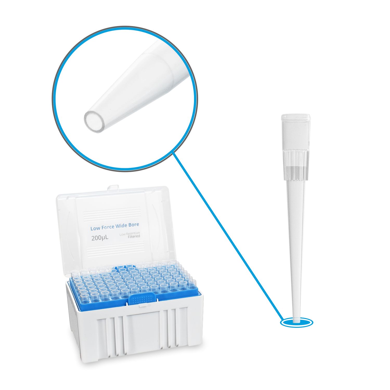 Wide Bore Pipette Tips, for LTS® SofTouch ULF™ and other low-force style pipettors, 200uL, low-retention, sterile , filtered, wide orifice, fits 50, 100, 200ul pipettes, 10 racks/960/PK, INWB200F