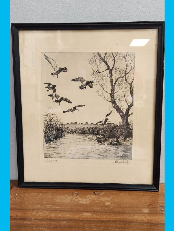 Print of five ducks flying over a pond.