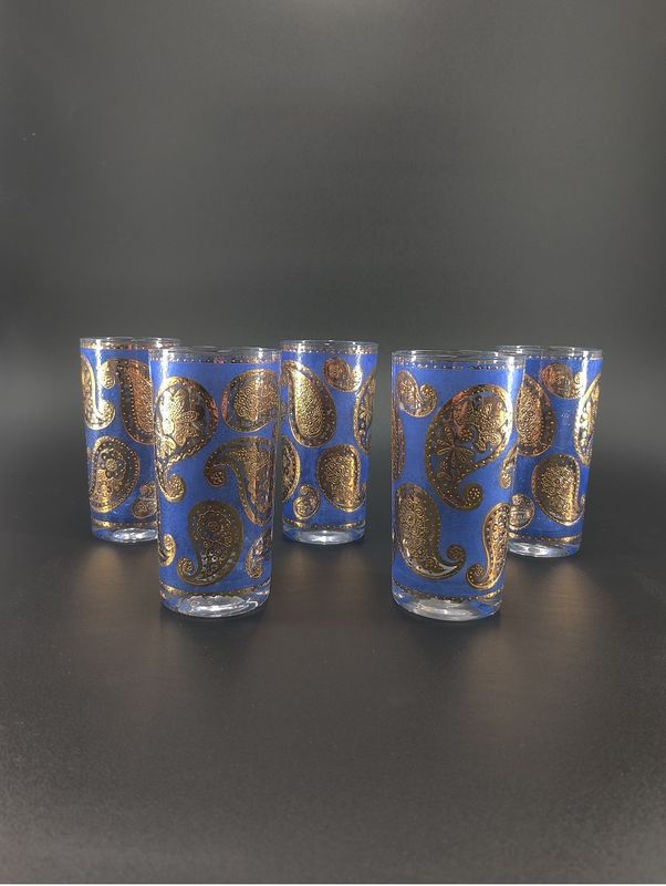 Culver Blue Paisley Barware Glasses (Set of 5)
