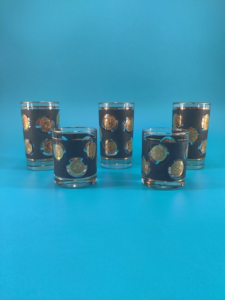 This listing includes three tumblers and two rocks glasses.