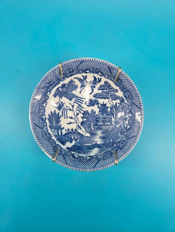 Blue and white English porcelain with Japan-esque elements in the design.