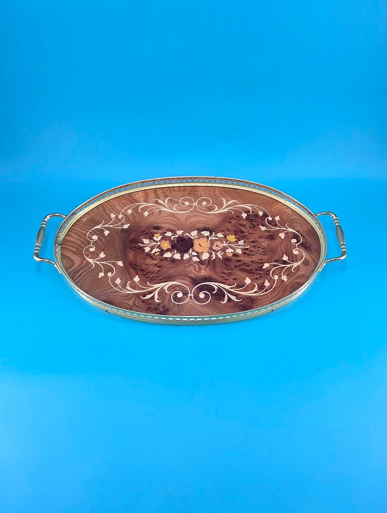 Notturno Italian Marquetry Wood Floral Inlay Serving Tray