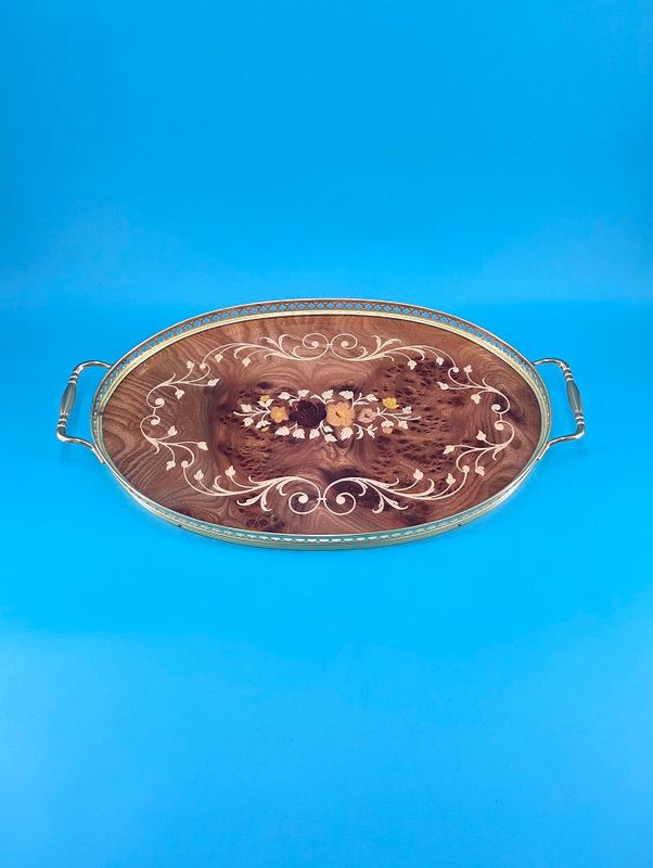 Notturno Italian Marquetry Wood Floral Inlay Serving Tray