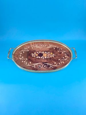 Notturno Italian Marquetry Wood Floral Inlay Serving Tray