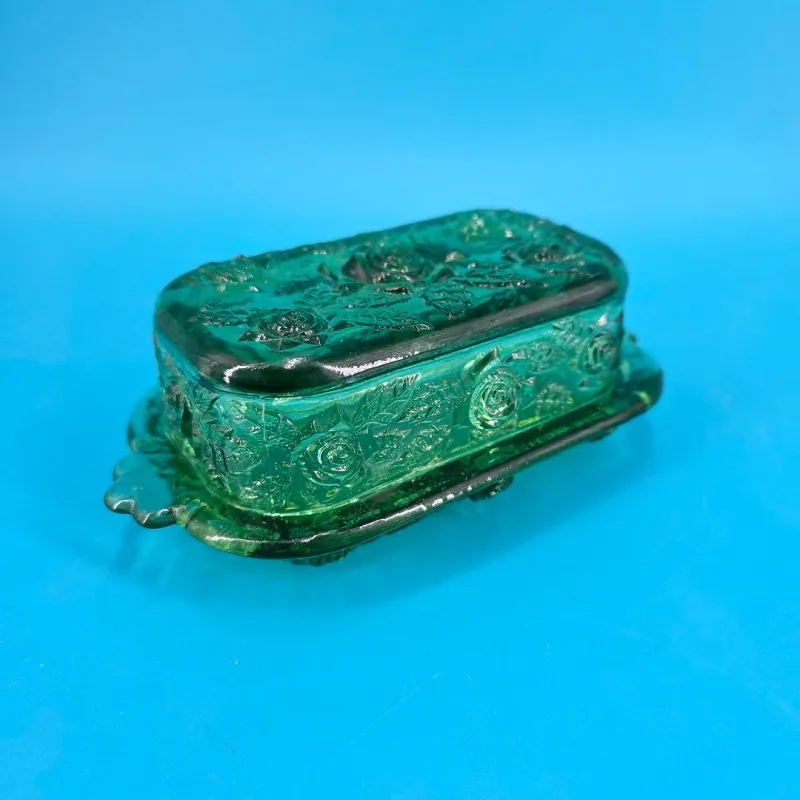 Raised Roses Green Glass Butter Dish