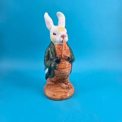 Crackle Finish Ceramic Rabbit with Pipe Figurine 