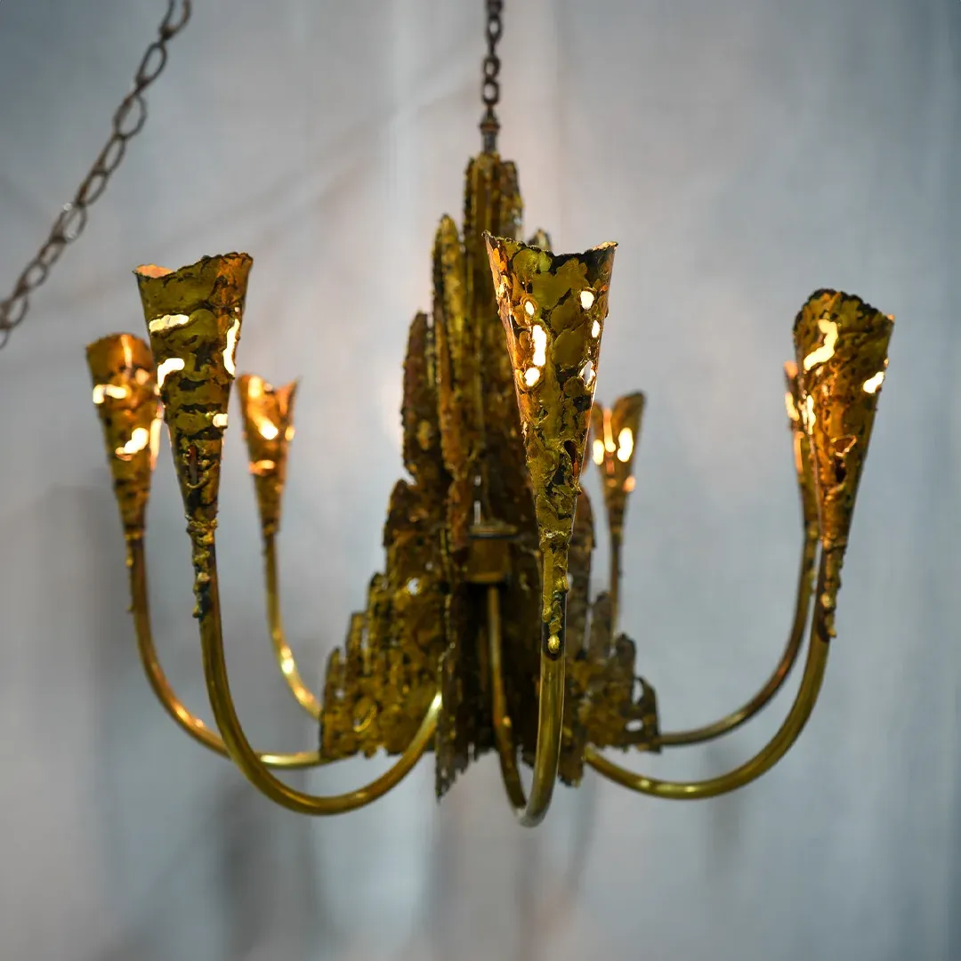 Front view of chandelier, lit.