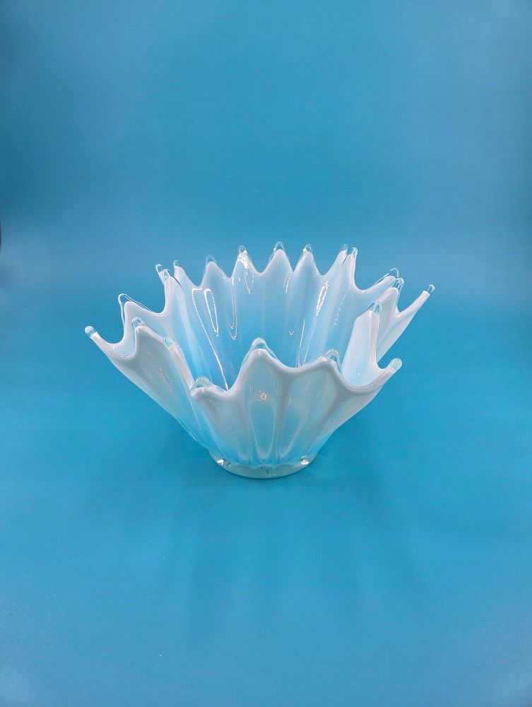 Fostoria Heirloom Blue Opalescent Glass Bowl (Blue) The ruffle pattern is asymmetrical.