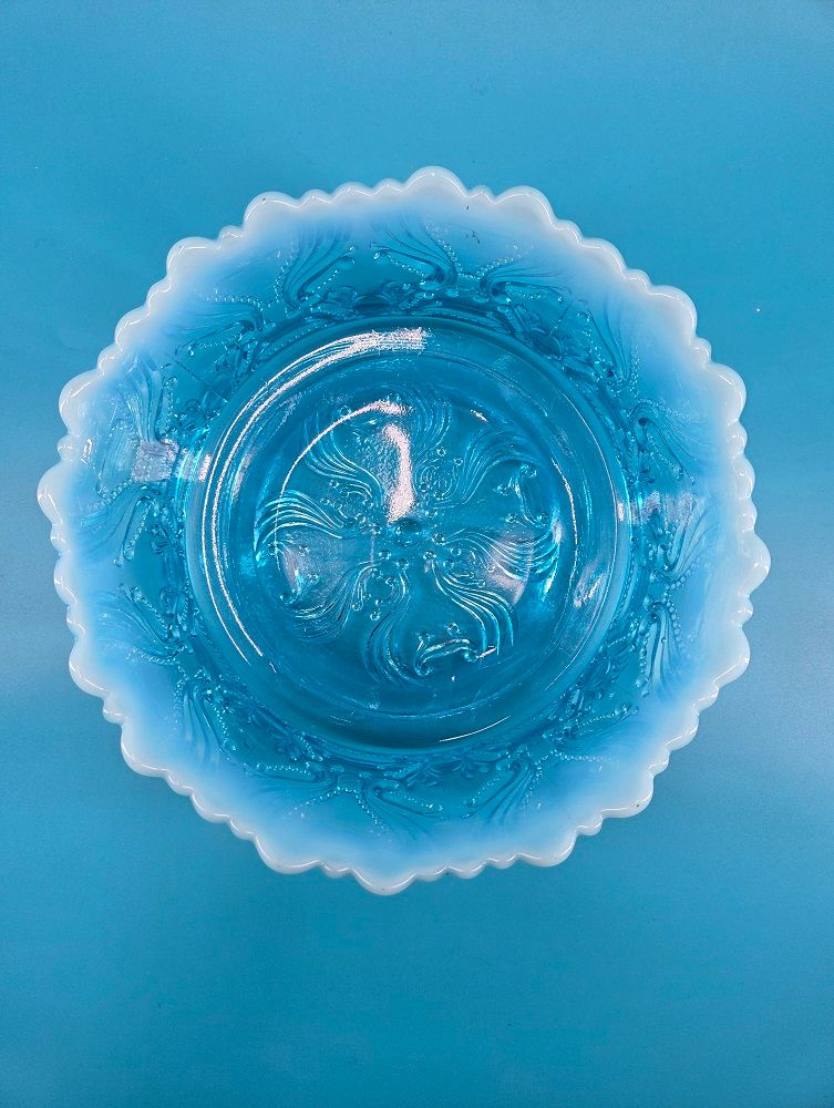 Jefferson Glass Blue Opalescent Bowl Top down view.