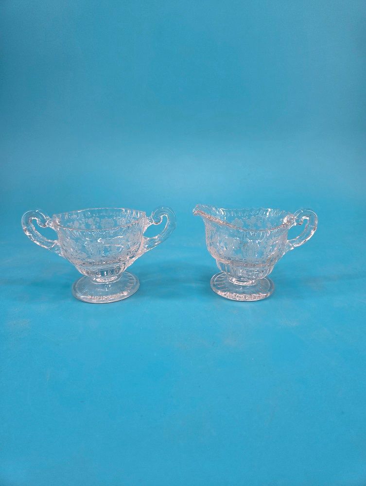 Cambridge Etched Rose Point Cream and Sugar Set Creamer and sugar bowl set.