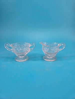 Cambridge Etched Rose Point Cream and Sugar Set Creamer and sugar bowl set.