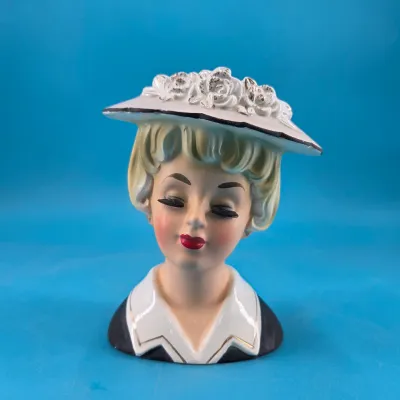 Vintage Napco Lady Head Vase (White Flowered Hat)