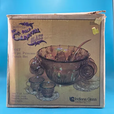 Vintage Indiana Glass Gold Grapes Iridescent Punch Set - 26pcs