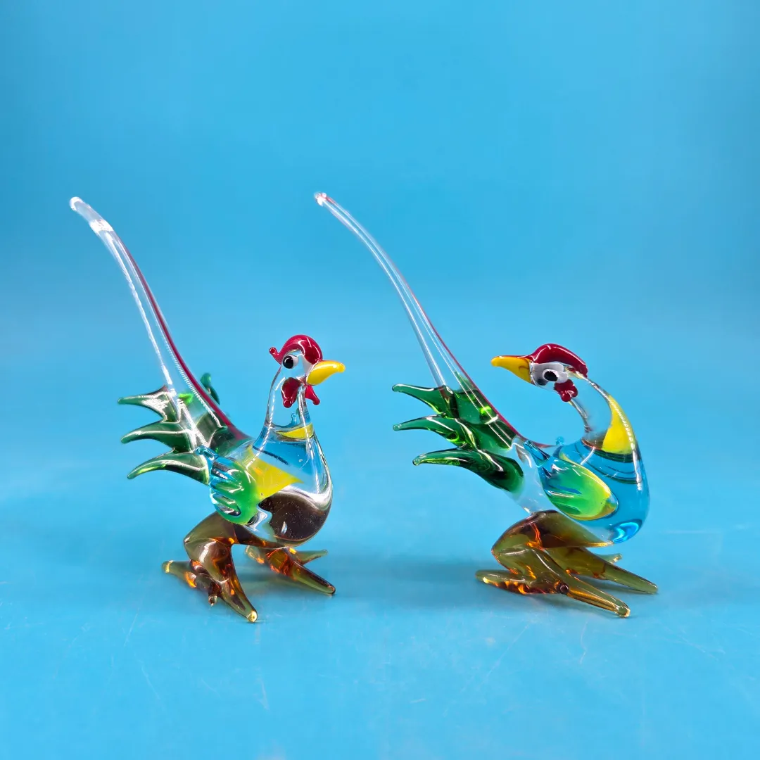 Multicolor Hand Blown Glass Pheasant Figurines (Set of 2)