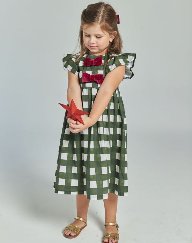 NATALIA DARK GREEN PLAID WHITH RED BOWS GIRL&#39;S DRESS