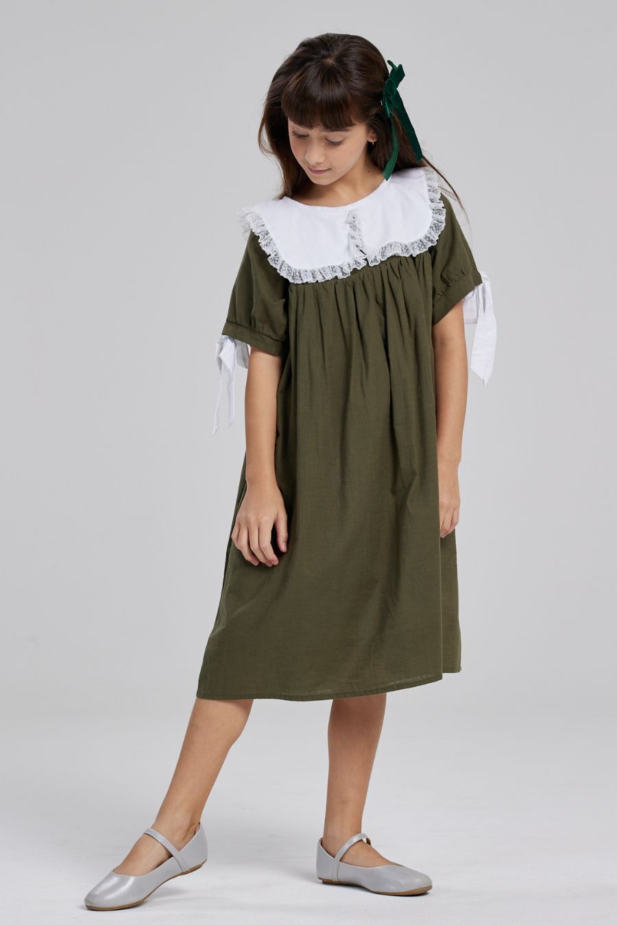 HANNAH GREEN TRICOLINE GIRL&#39;S DRESS