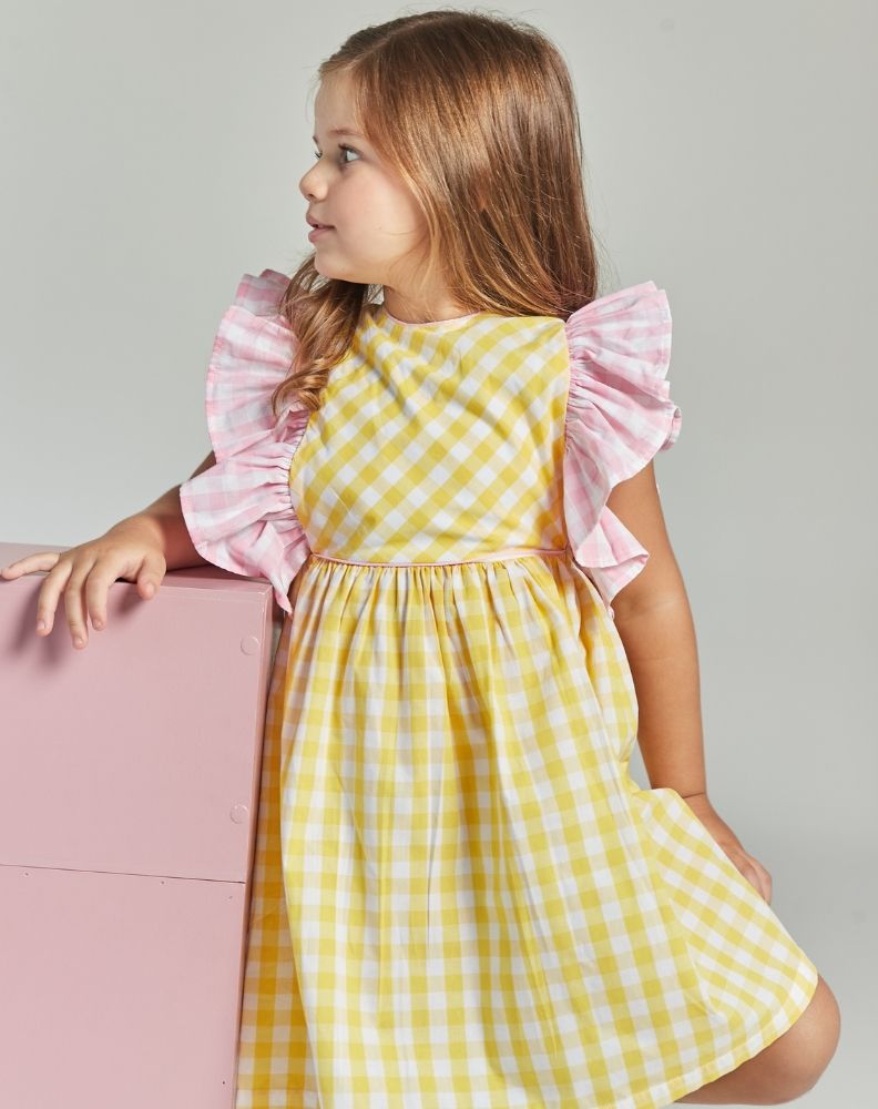 LETICIA YELLOW AND PINK PLAID GIRL&#39;S DRESS