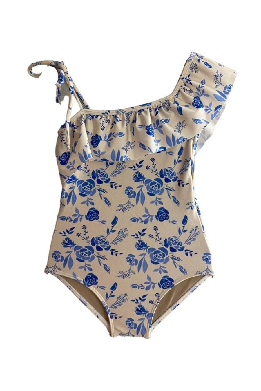 BLUE FLOWER PRINT GIRL&#39;S SWIMSUIT