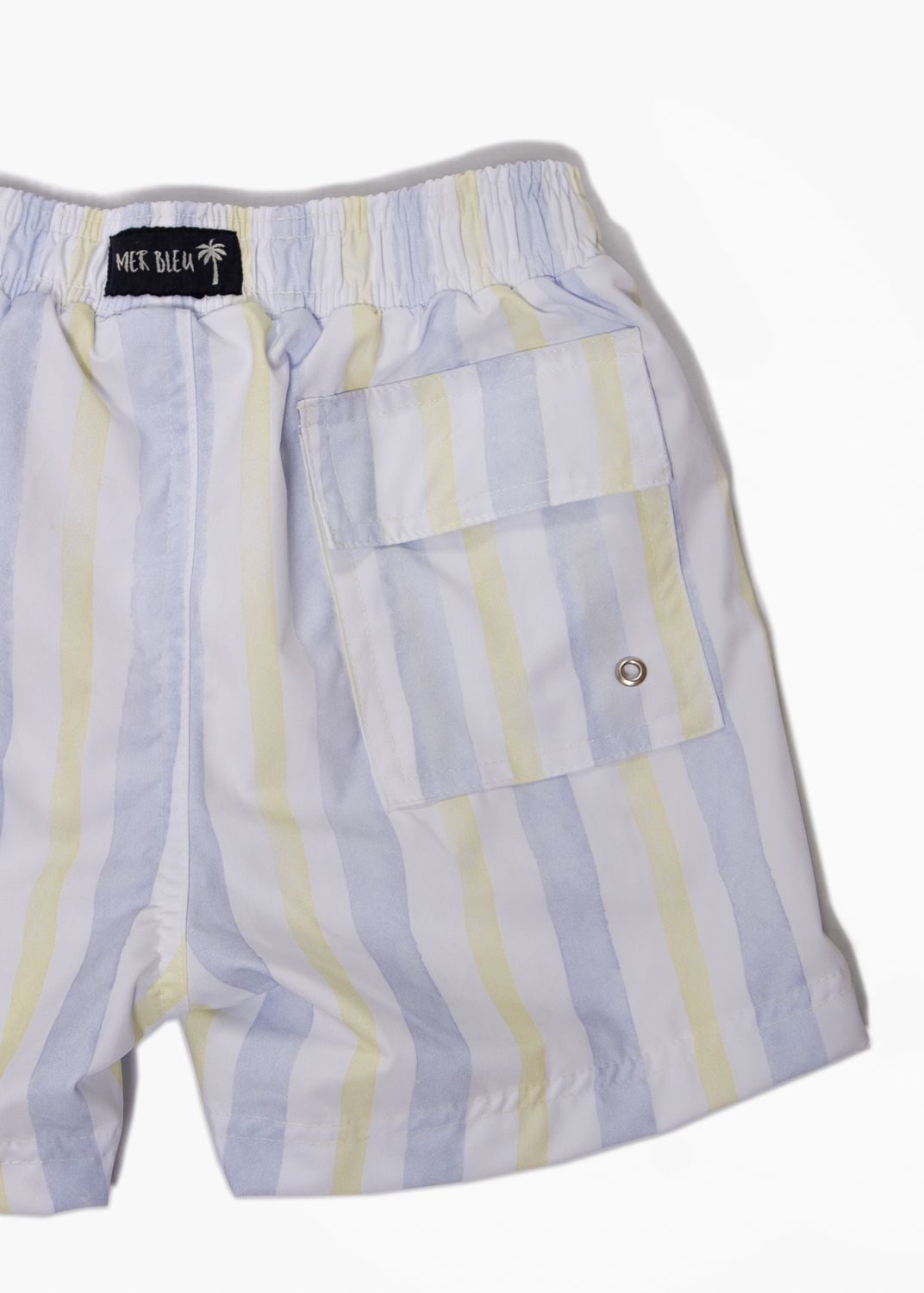 BOY&#39;S SWIM SHORTS PALMS COLLECTION, PRINT: BLUE AND YELLOW STRIPES, SIZE: 6M