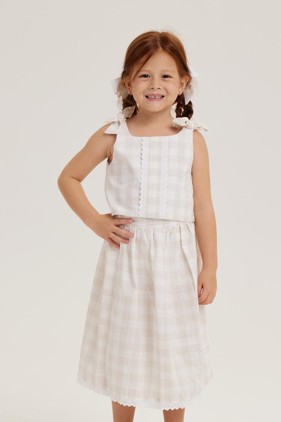PÂMELA BEIGE PLAID GIRL&#39;S SKIRT SET
