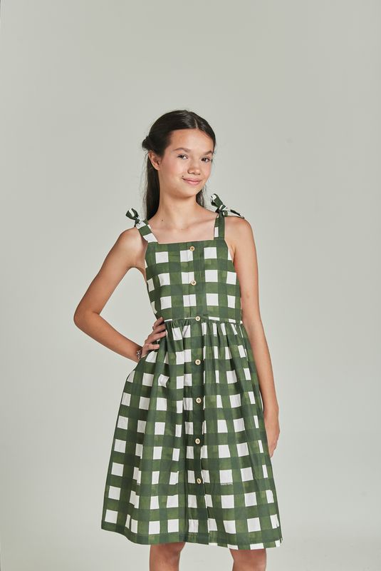 MELINA DARK GREEN PLAID GIRL'S DRESS