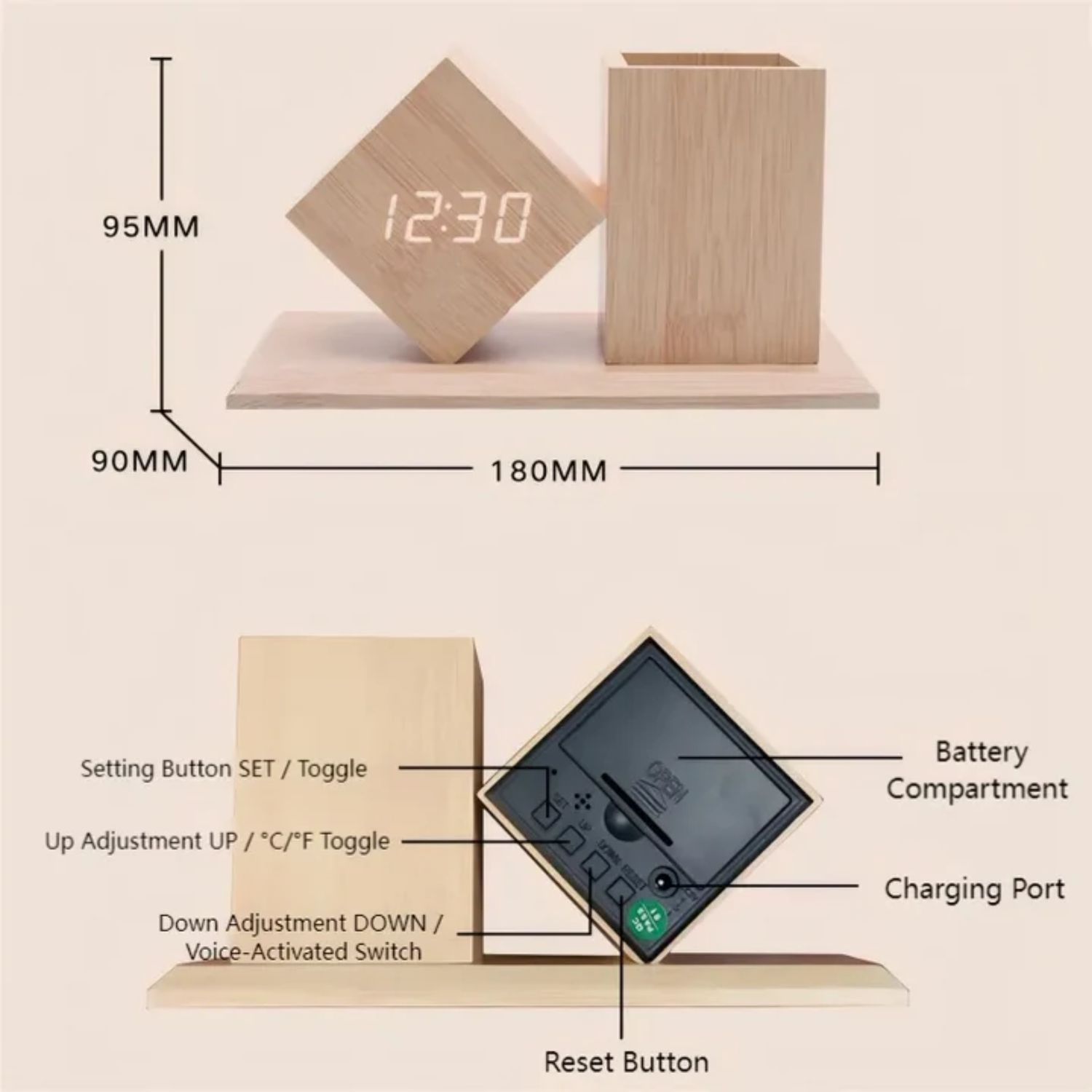 Wood Pen Holder Clock – Smart LED Desk Organizer