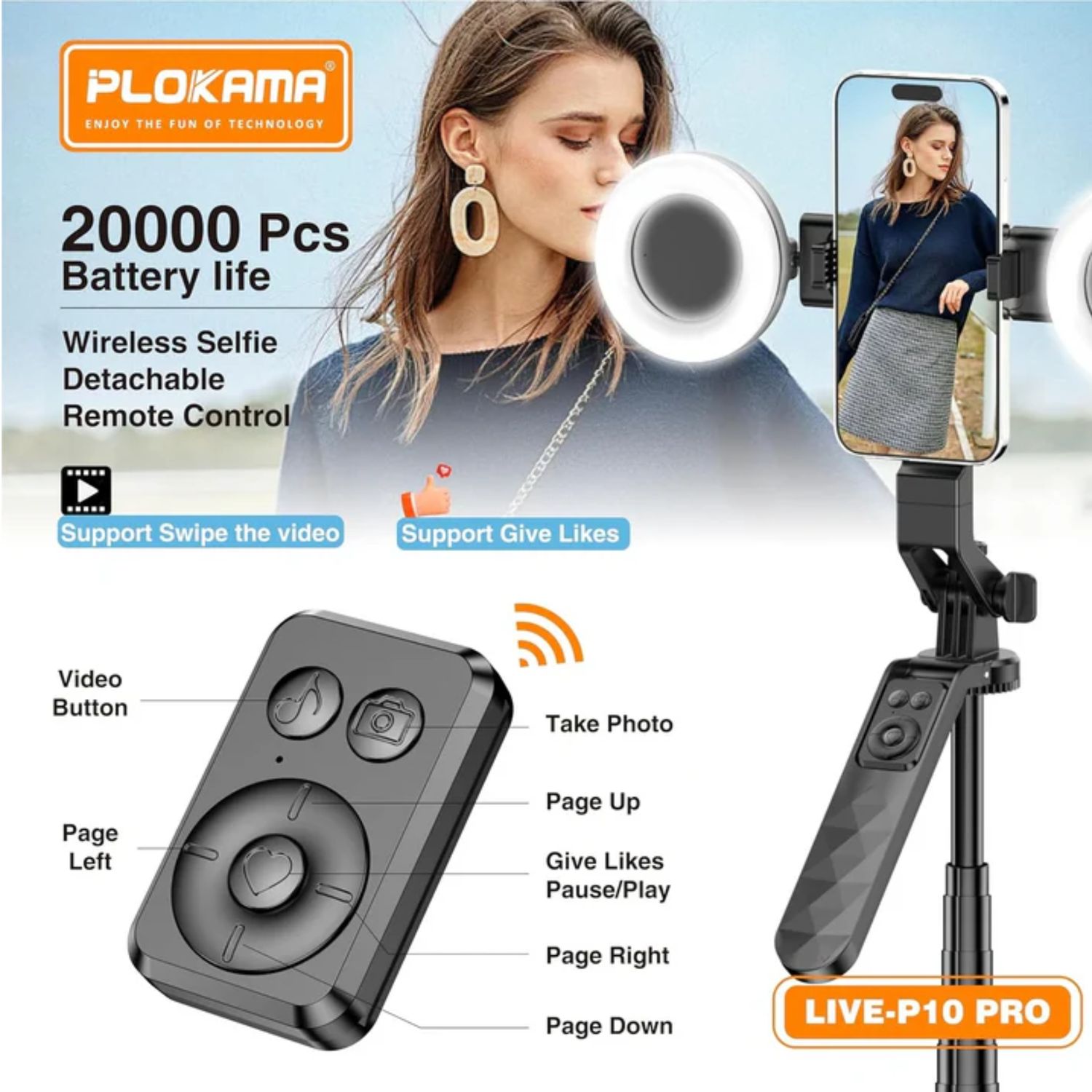 Plokama 3 IN 1 Selfie Stick Tripod with LED Light &amp; Remote Live-P10 Pro