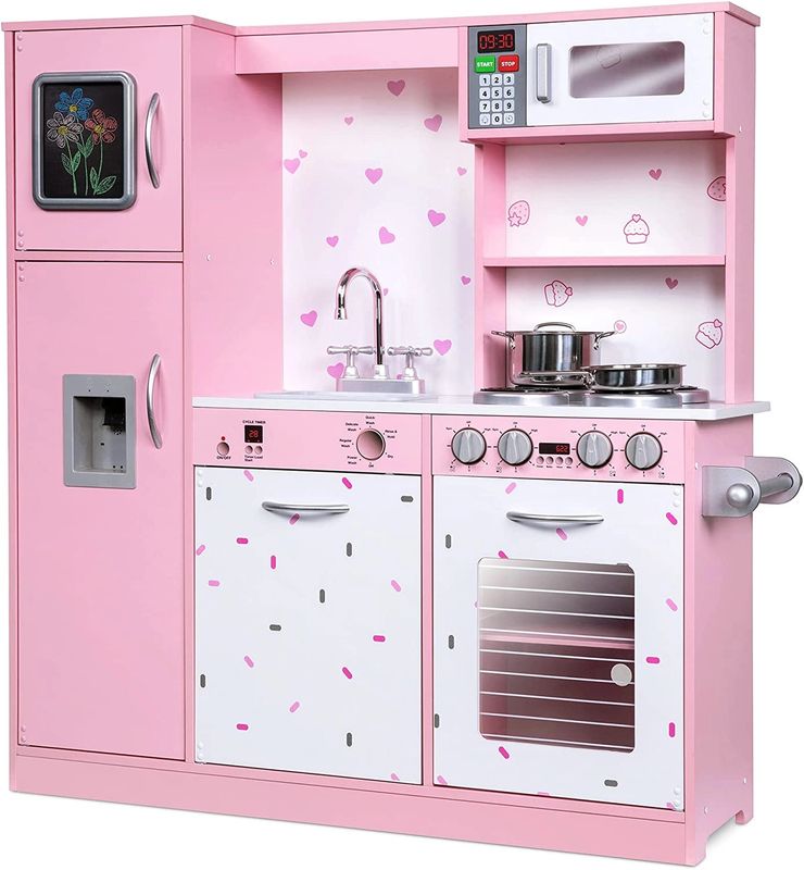 Kids Kitchen Set, Pretend Wooden Kitchen Playset Pink Sprinkles *FM