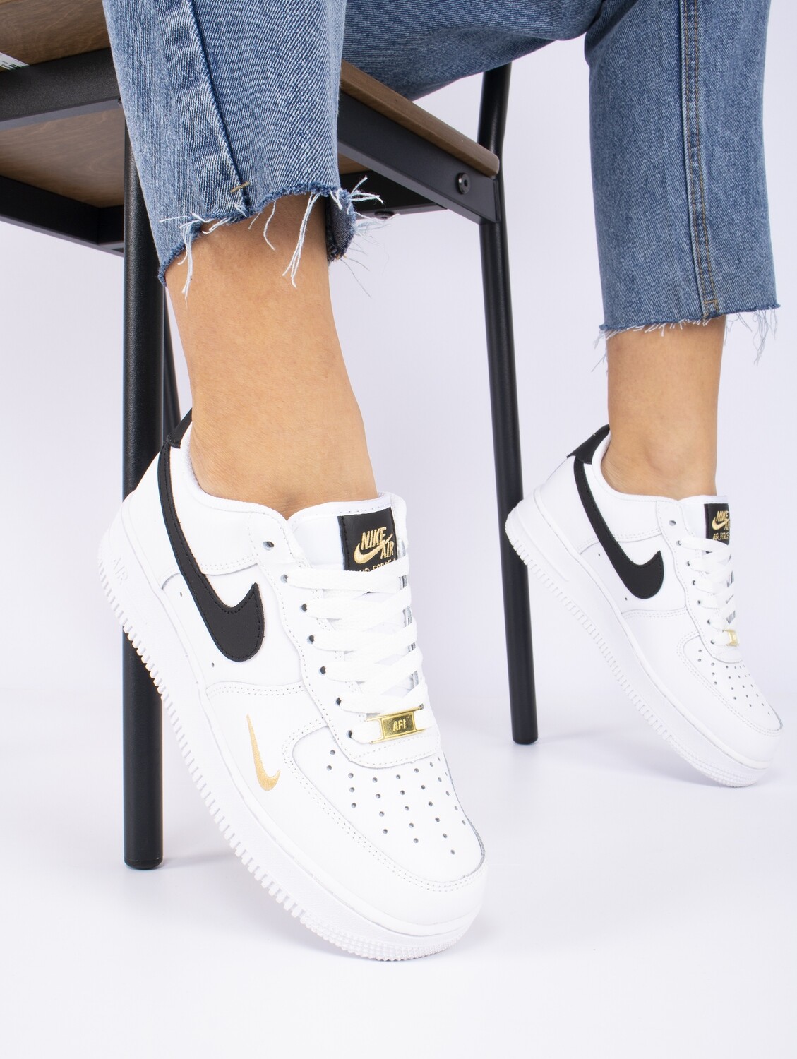 Nike Air Force 1 Low &#39;07 Essential White Black Gold Mini Swoosh