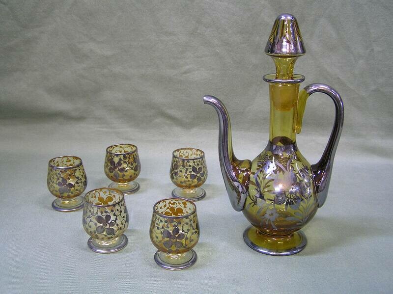 Vintage Art Deco Sterling Inlay Amber Glass Pitchers with Stopper & 5 Goblets