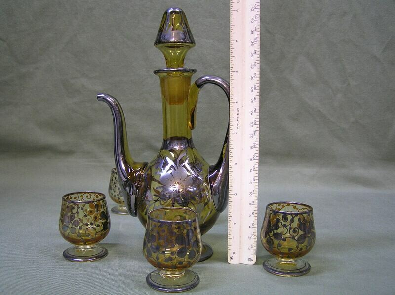 Vintage Art Deco Sterling Inlay Amber Glass Pitchers with Stopper & 5 Goblets