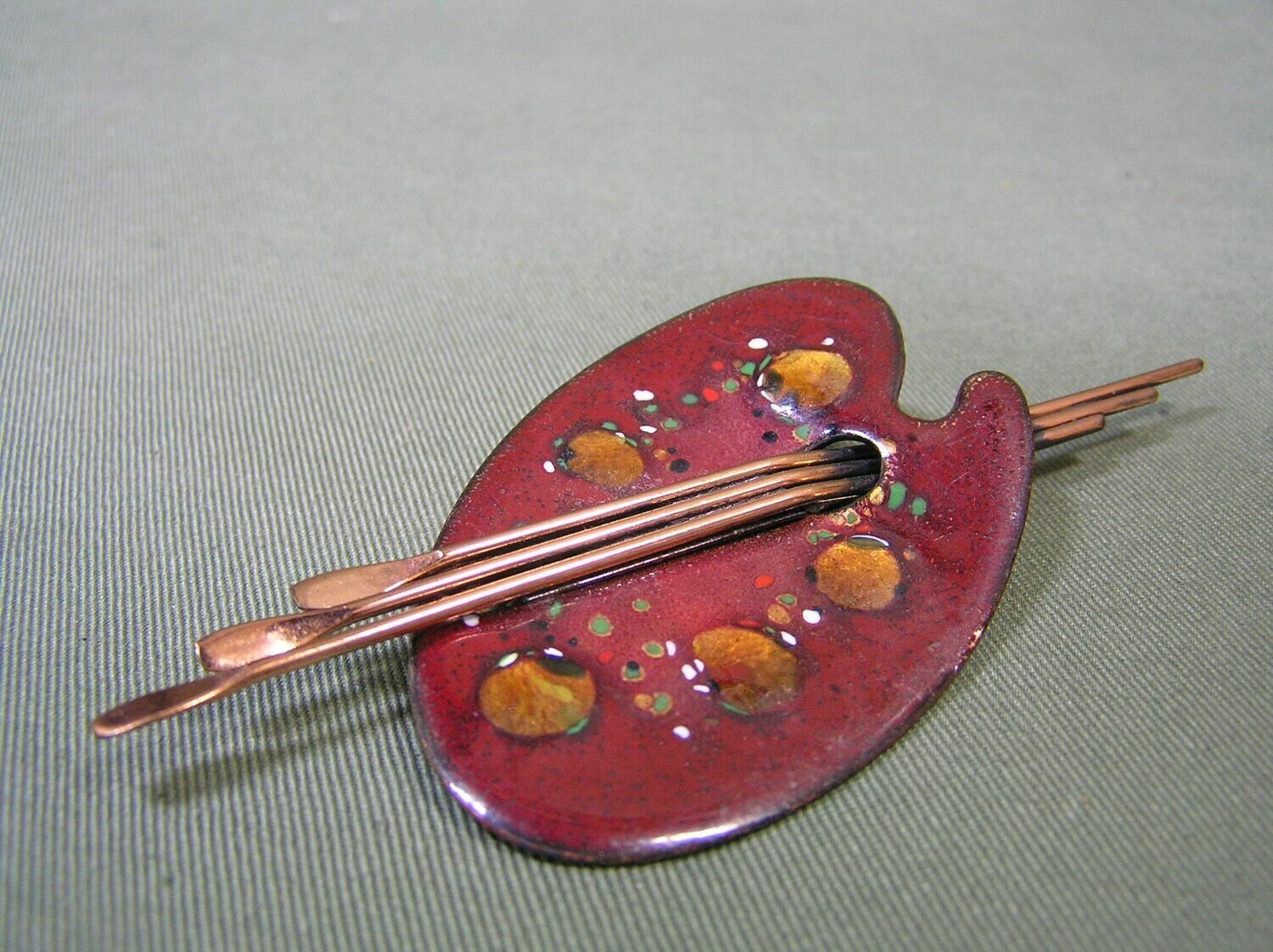 Vintage 4" Artist Palette Jewelry Signed Matisse Copper Enamel Brooch / Pin