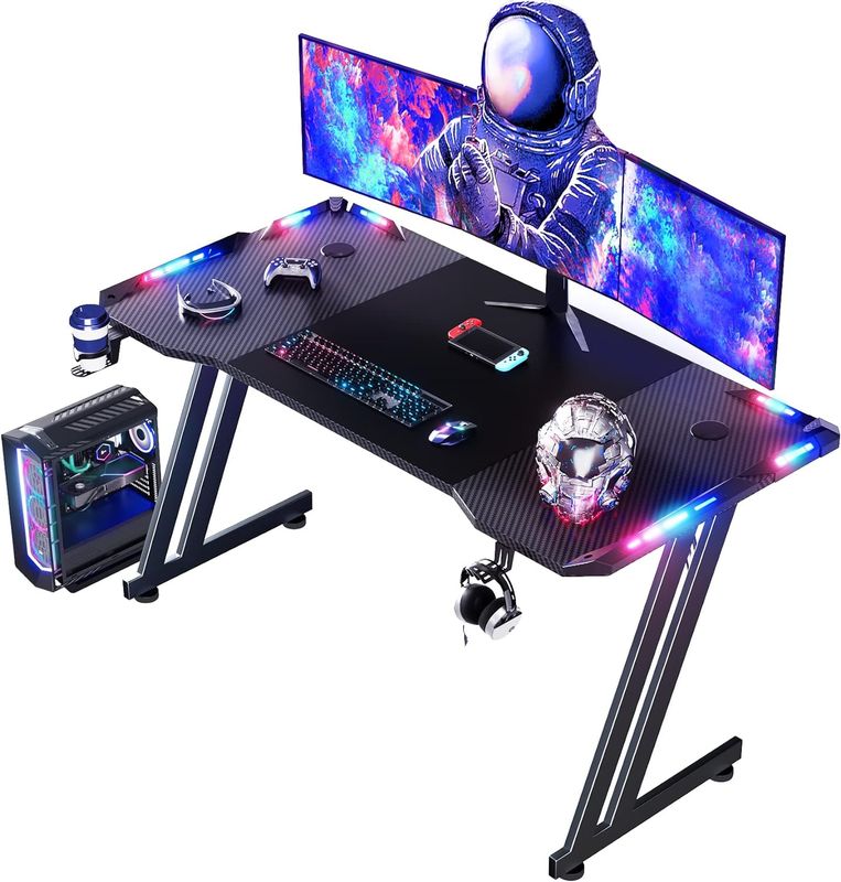 Gaming Desk 55 Inch Ergonomic Gamer Workstation Gamer Carbon Fibre Surface Large Compuster Desk with Cup Holder &amp; Hedphone Hook