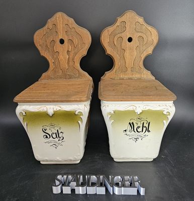 2 antike Vorratsbehälter Mehl und Salz grün weiß Jugendstil
