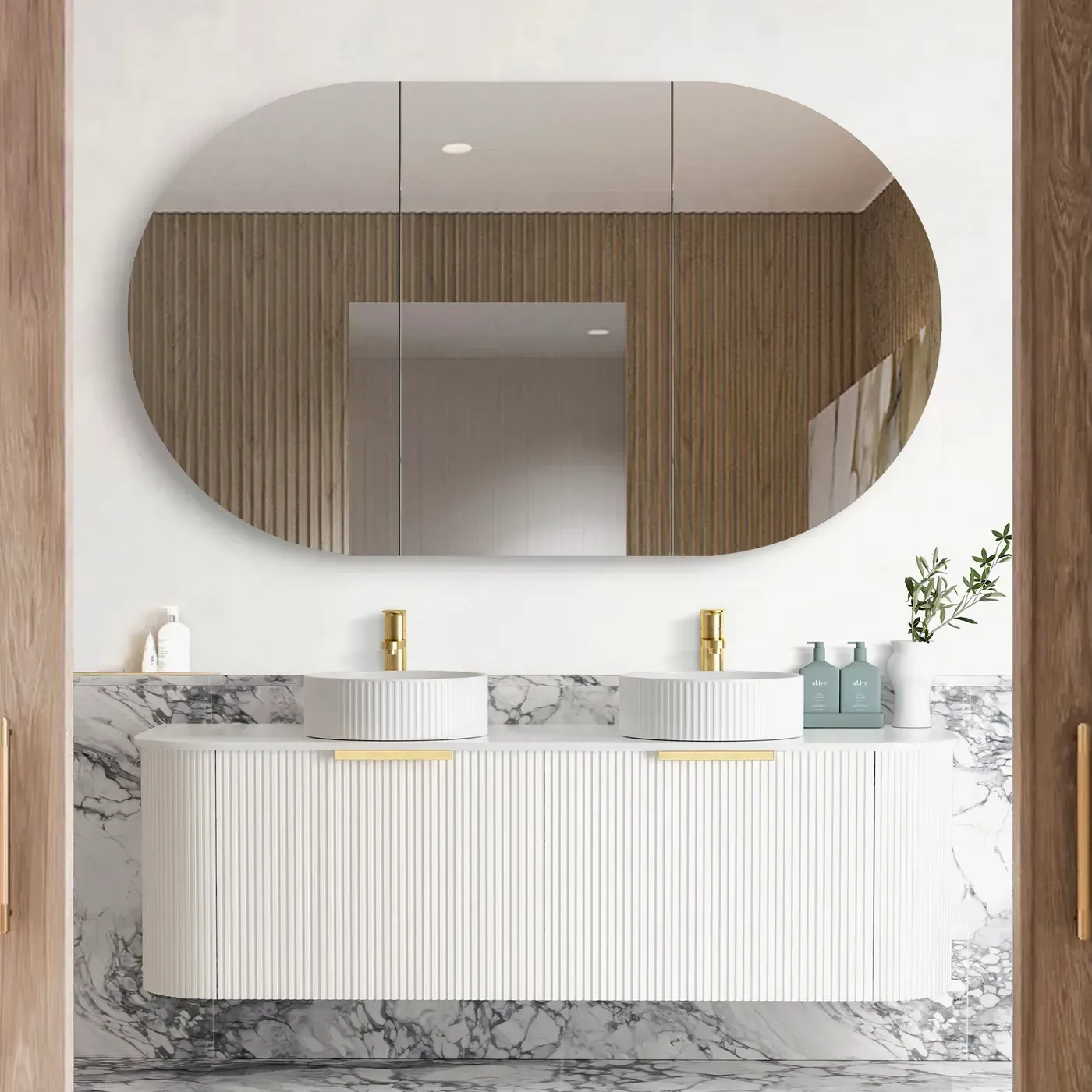 BONDI 1500MM SATIN WHITE FLUTED WALL HUNG CURVE VANITY