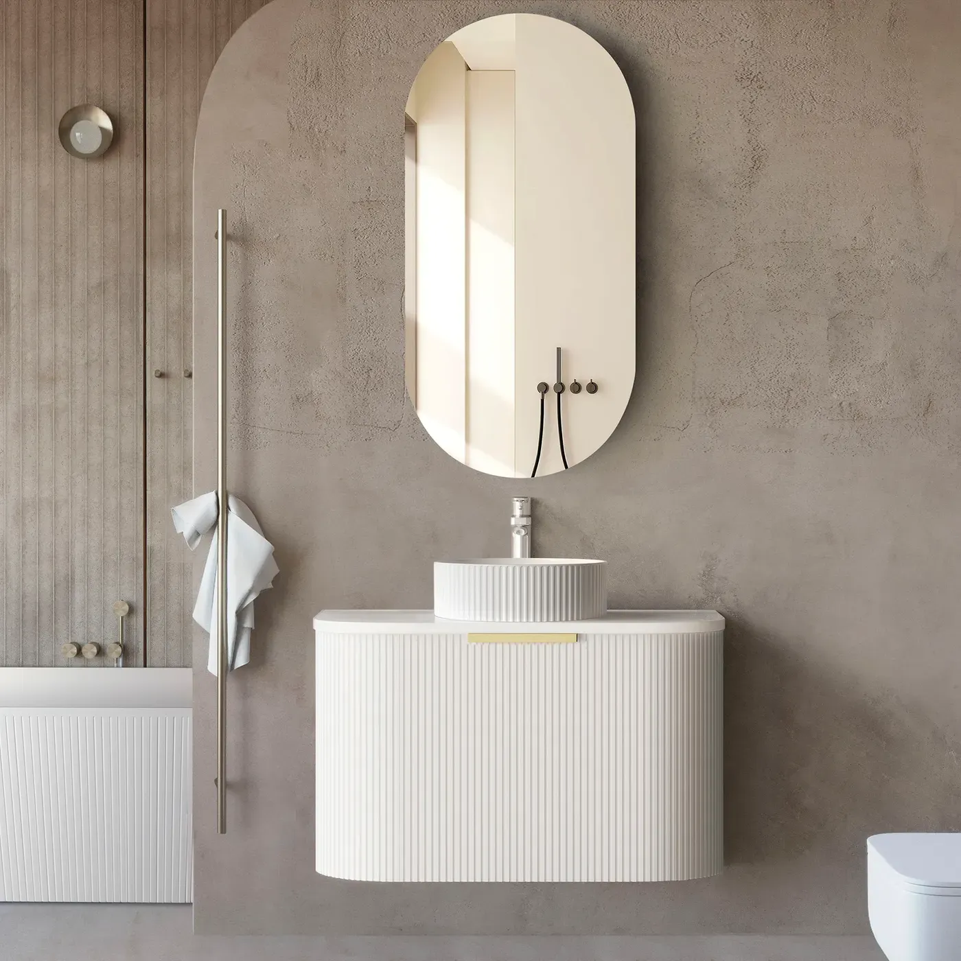 BONDI 750MM SATIN WHITE FLUTED WALL HUNG CURVE VANITY