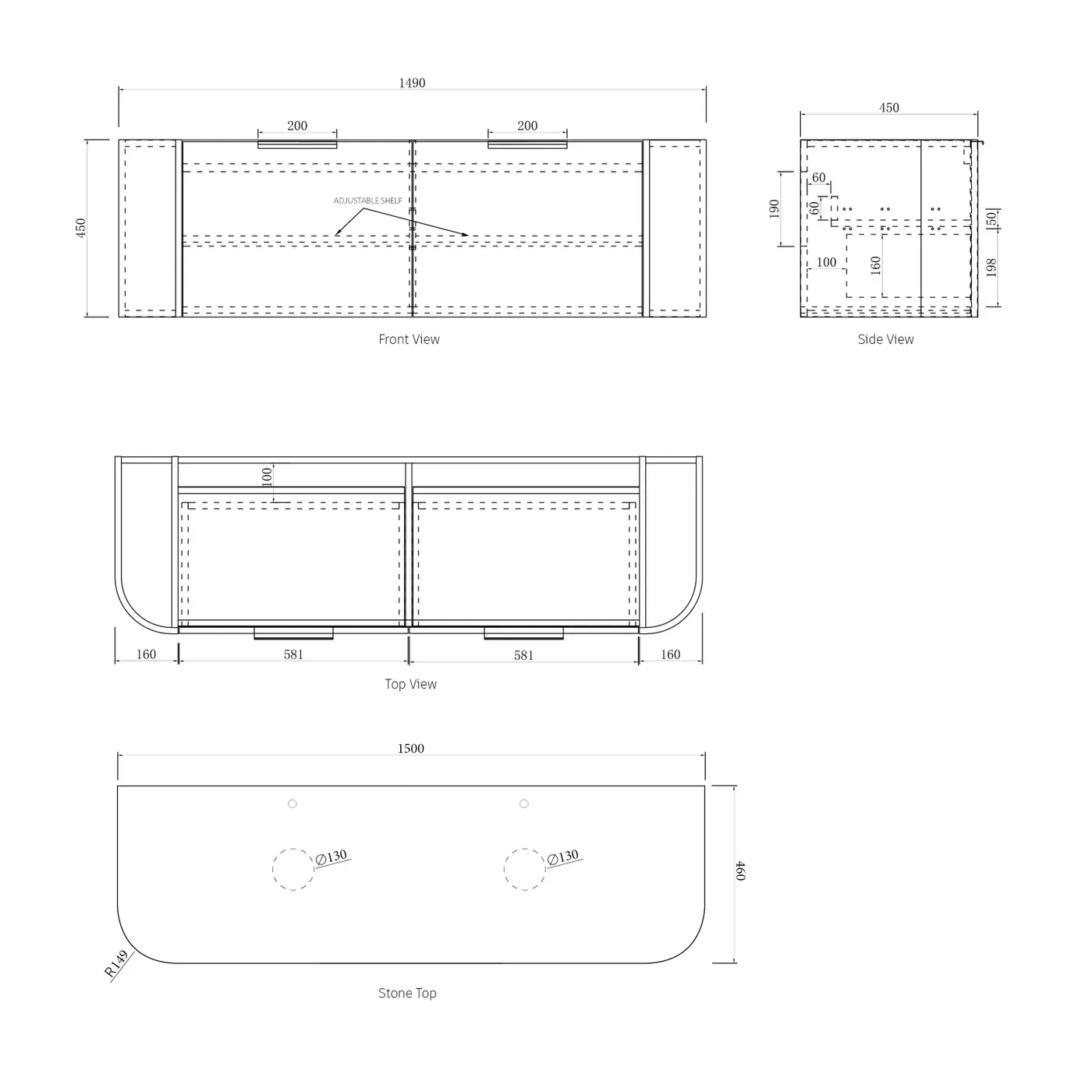 BONDI 1500MM NATURAL OAK WALL HUNG CURVE VANITY