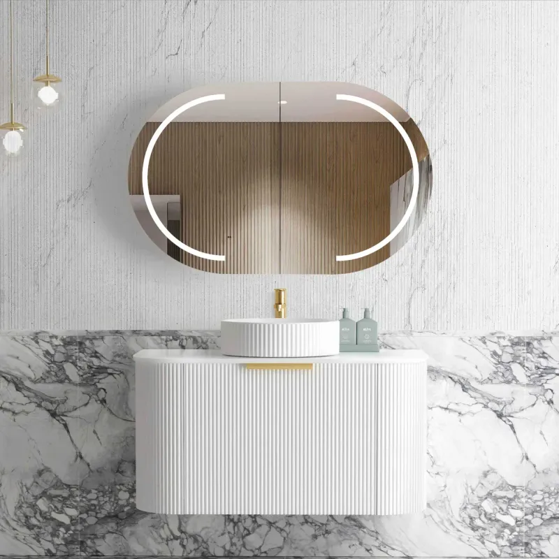 BONDI 900MM SATIN WHITE FLUTED WALL HUNG CURVE VANITY