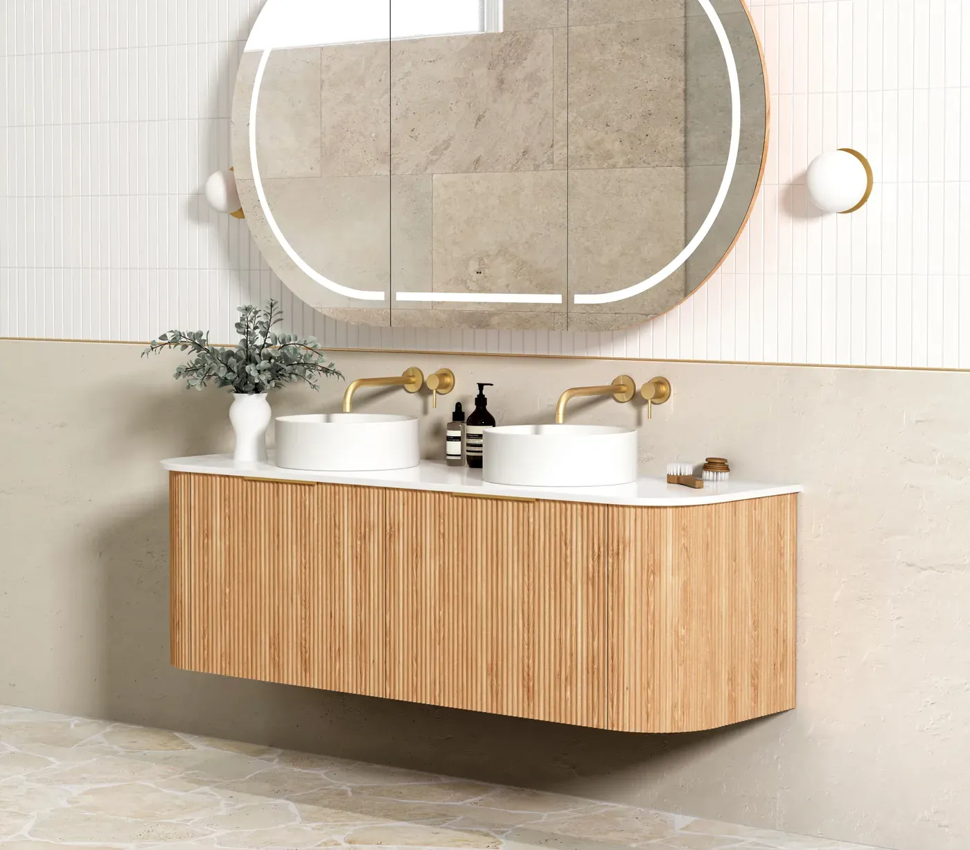 BONDI 1500MM WOODLAND OAK FLUTED CURVE VANITY