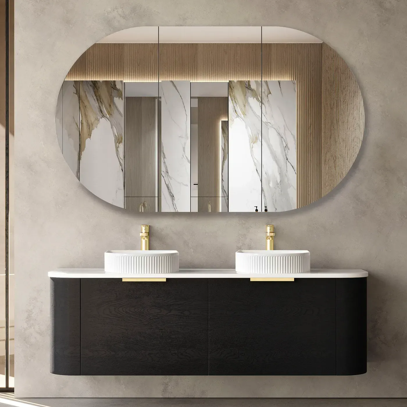 BONDI 1500MM BLACK OAK WALL HUNG CURVE VANITY