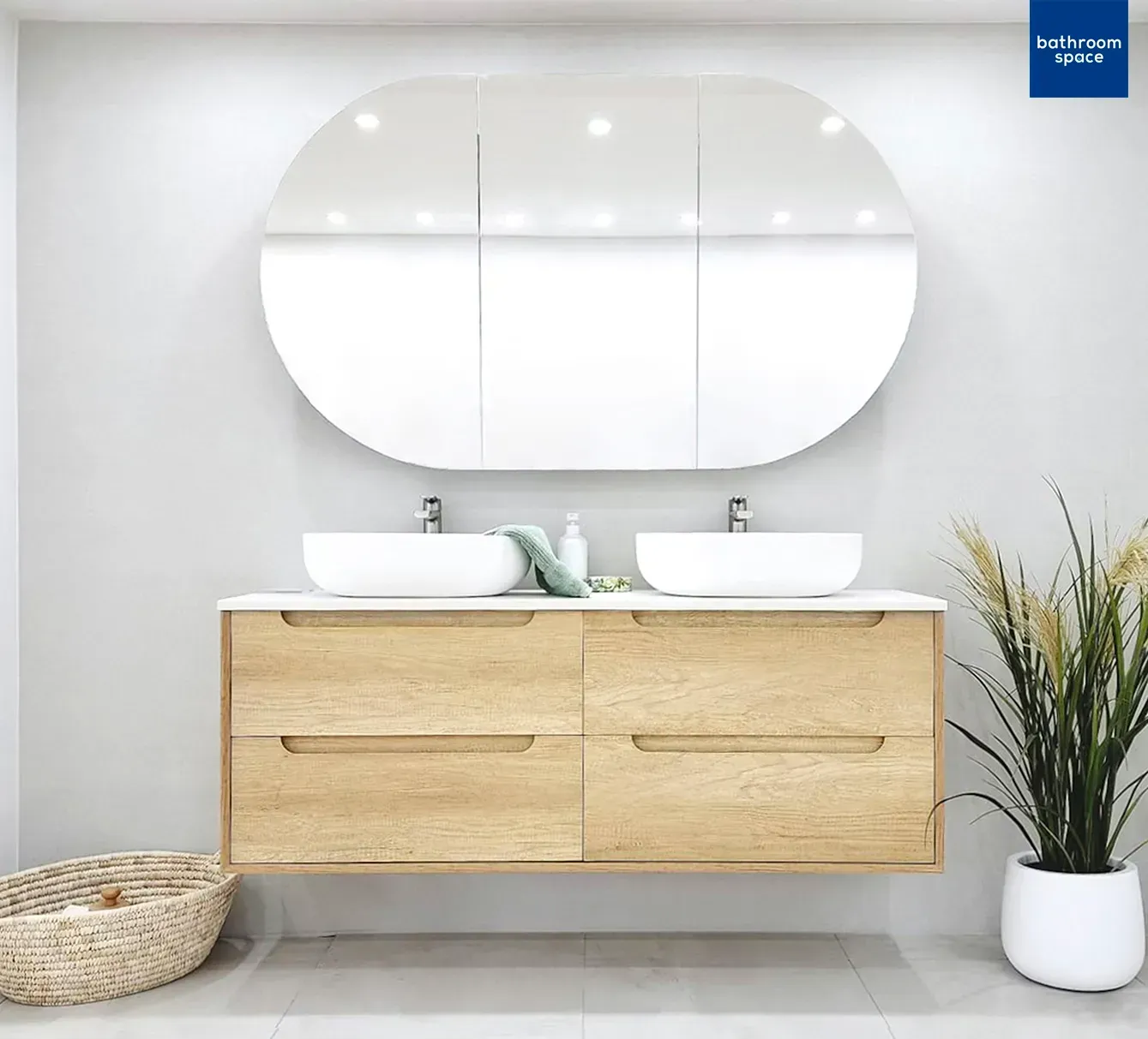 BYRON 1200MM NATURAL OAK WALL HUNG VANITY DOUBLE BOWL