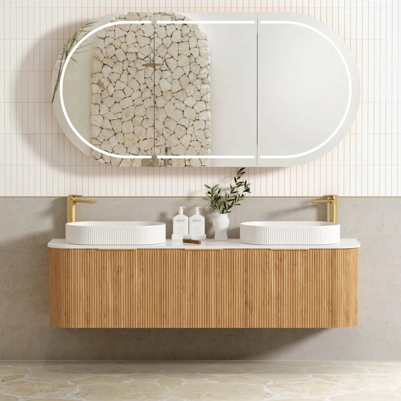 BONDI 1800MM WOODLAND OAK FLUTED CURVE VANITY