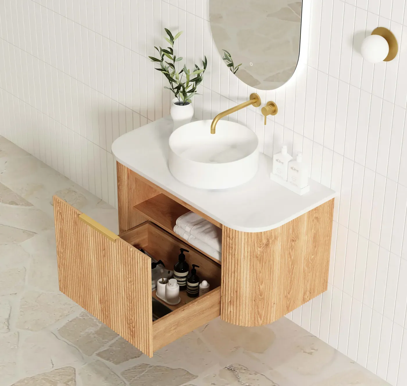 BONDI 900MM WOODLAND OAK FLUTED CURVE VANITY